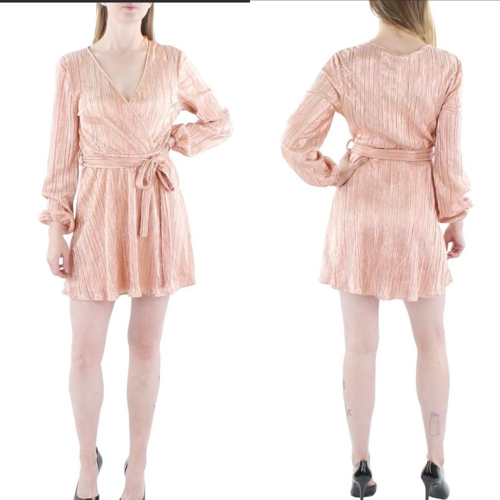 💃🏻Bardot Pink Ruffled Tie Front Long Sleeve Dress